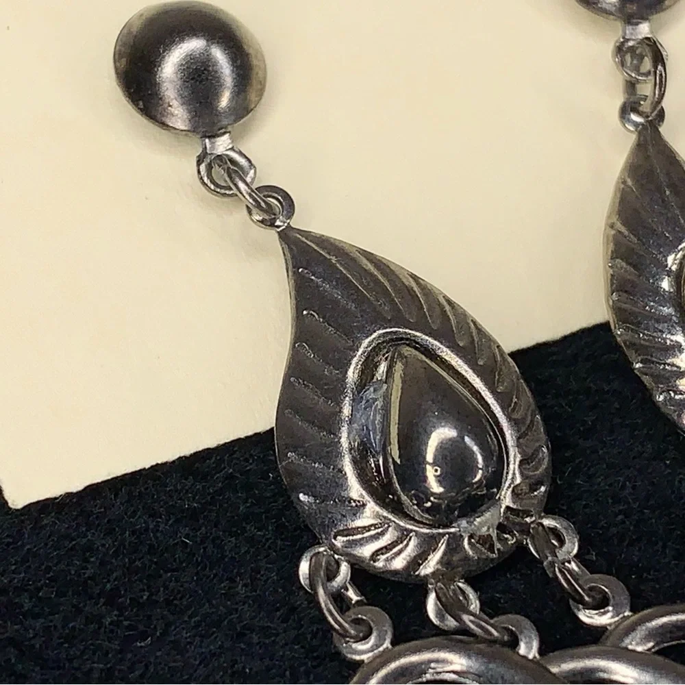 Vintage Rare Dark Silver Chrome Earrings Art Deco Dangle Chandelier Style Mod